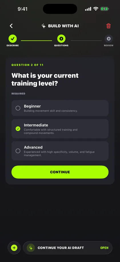 MaxRep AI plan builder asking about training level