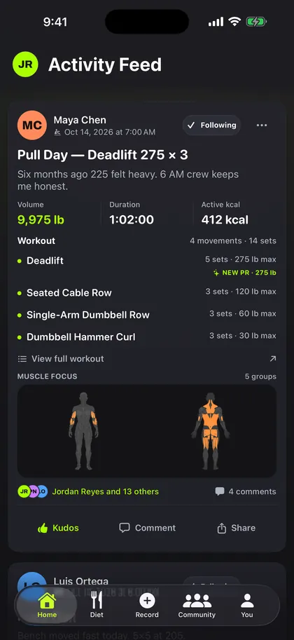 MaxRep activity feed with a shared deadlift workout and muscle map