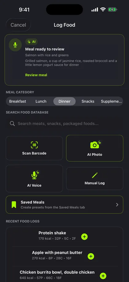 MaxRep food logging with AI photo, AI voice, barcode scan and manual log options