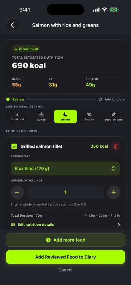 MaxRep AI meal estimate showing calories and macros to review before saving
