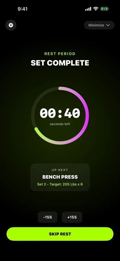 MaxRep rest timer counting down between sets with the next set shown
