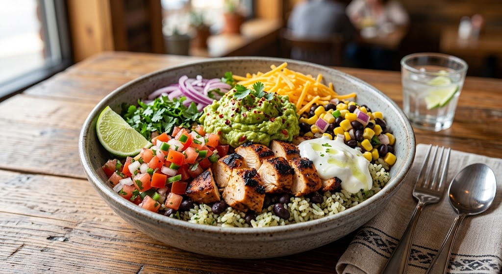 Chicken burrito bowl with grilled chicken, rice, black beans, corn, pico de gallo, guacamole, cheese, and lime