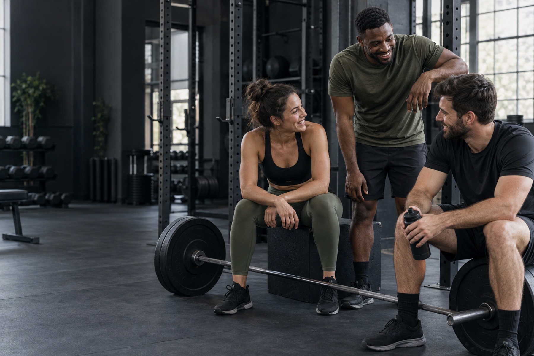 Three training partners together beside a barbell in the gym