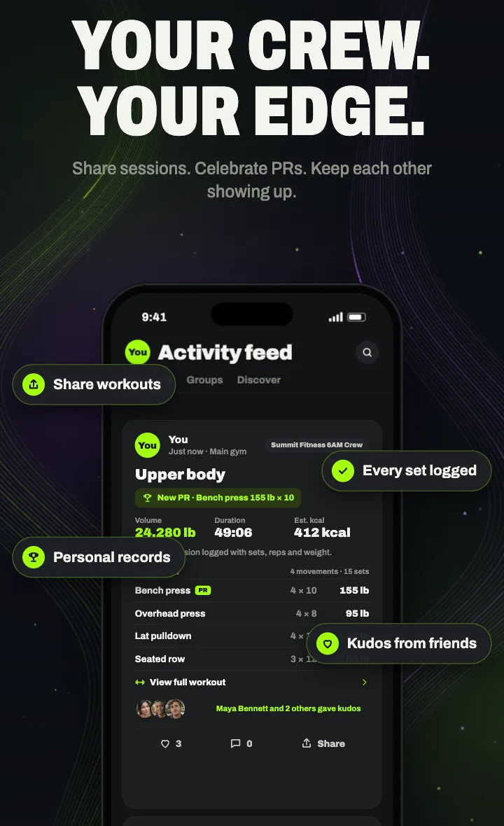 Illustrative crew activity preview showing a shared workout and kudos