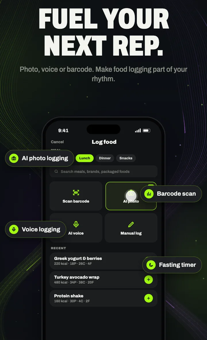 Illustrative food logging preview with photo, voice, and barcode options