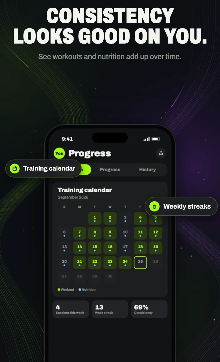 Illustrative training calendar preview showing workouts and nutrition