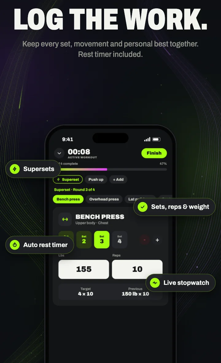 Illustrative workout logging preview showing recorded sets